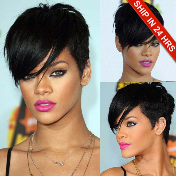 Rihanna Side-Swept fringe Short Style Indian Remy Hair Machine Made  Glueless Cap 