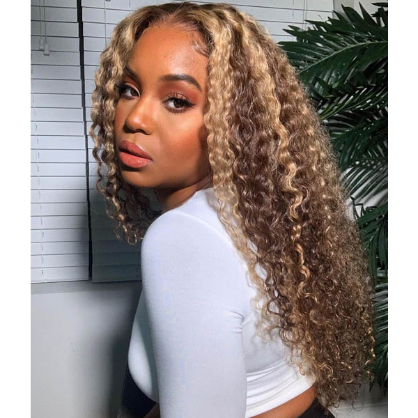 Blonde Highlights Kinky Curls Lace Front 