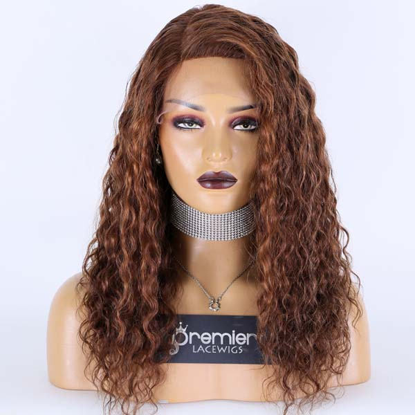 Highlights Brown Curly Style Right Side Part Lace Wig,Indian Remy Hair 18  inches 