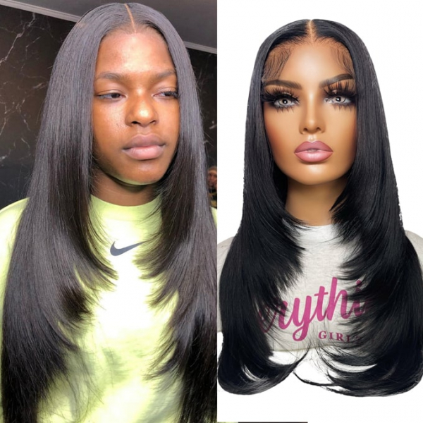 Nevaeh--Gorgeous Layered Haircut Lace Front Wigs Indian Remy Human Hair  Silky Straight [Pre-bleached knots,Pre-plucked hairline,Removable elastic  band]